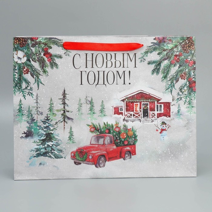 Пакет подарочный новогодний крафтовый горизонтальный &laquo;Новогодняя история&raquo;, L 40 х 31 х 11.5 см, Новый год