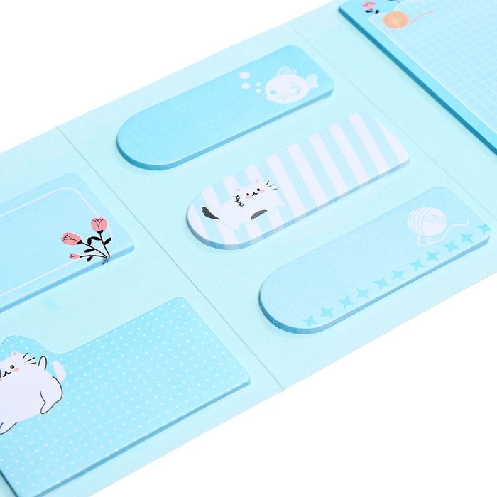 Набор клейкой бумаги для заметок deVENTE. 65x100 мм, набор заметок: 20x56 мм, 40x56 мм и 56x90 мм, 8x20 листов, офсет 80 г/м&sup2;, печать 4+0, ассорти форм, 8 дизайнов, в картонном блистере и пластиковом пакете с европодвесом