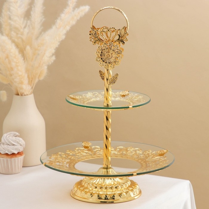 Этажерка 2-х ярусная «Расцвет», 28×41 см, цвет металла золотой Этажерка 2-х ярусная «Расцвет», 28×41 см, цвет металла золотой