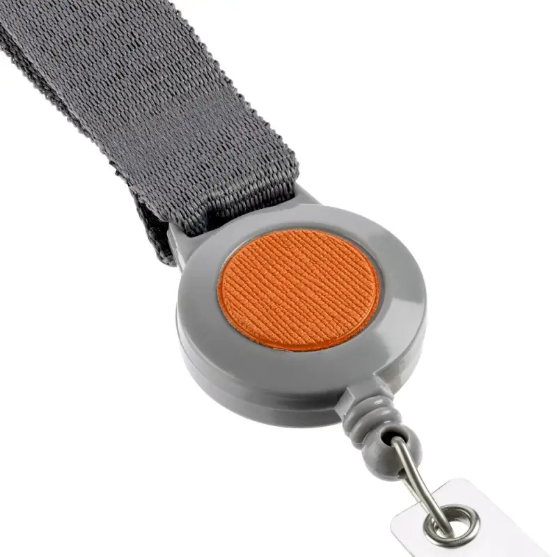 Лента для бейджа с ретрактором Devon, серая с оранжевым Лента для бейджа с ретрактором Devon, серая с оранжевым