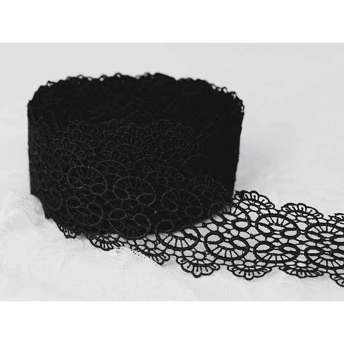 Кружево гипюровое, 65 мм &times; 6,8 &plusmn; 0,5 м, цвет чёрный