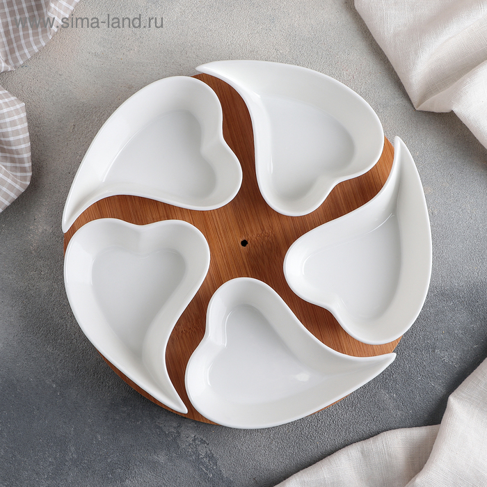 Набор соусников керамических на деревянной подставке &laquo;Эстет. Сердца&raquo;, 5 предметов: 200 мл, цвет белый