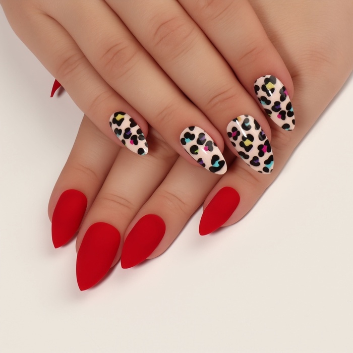 Накладные ногти «Лео», 12 шт, с клеевыми пластинами, форма миндаль, красные, бежевые Накладные ногти «Лео», 12 шт, с клеевыми пластинами, форма миндаль, красные, бежевые