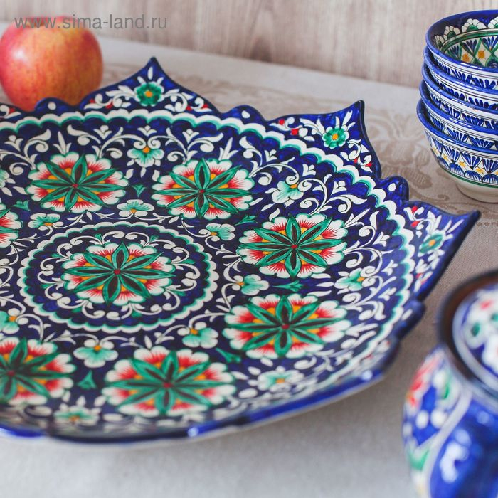 Ляган Риштанская Керамика Ляган Риштанская Керамика "Цветы", 41 см, рифлёный, синий