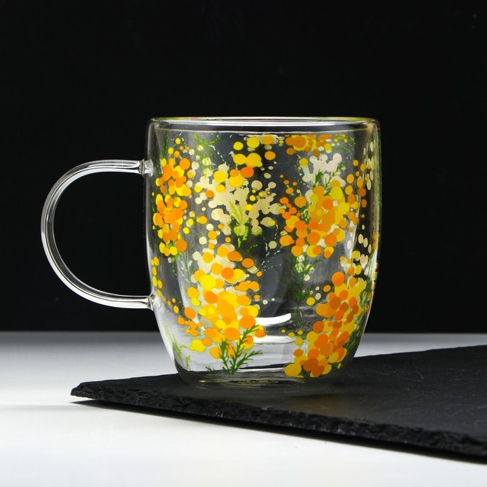 Кружка стеклянная с двойными стенками &laquo;Нежная мимоза&raquo;, 300 мл