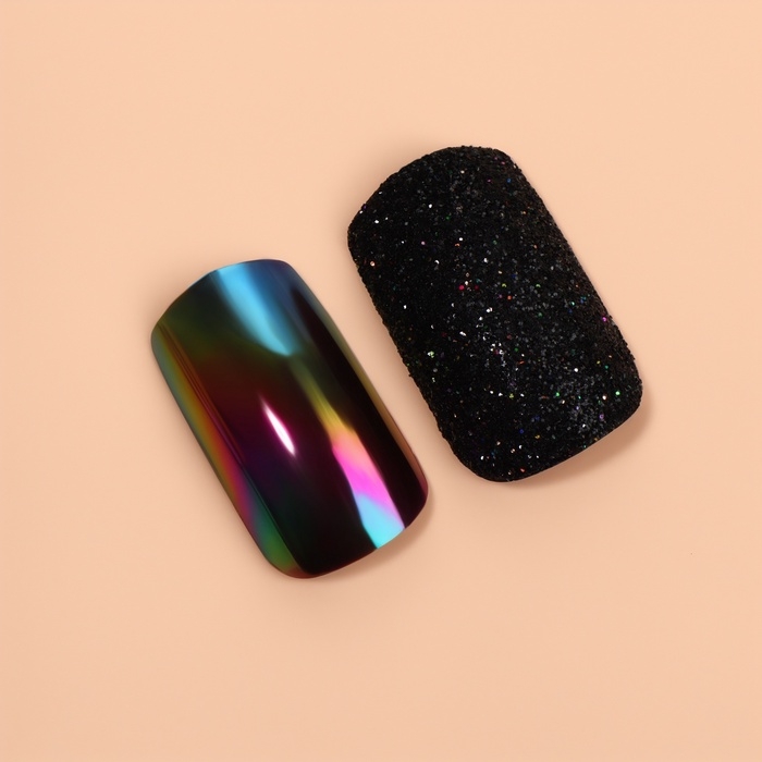 Накладные ногти &laquo;Ночь&raquo;, 12 шт, с блёстками и голографией, с клеевыми пластинами, форма мягкий квадрат, чёрные