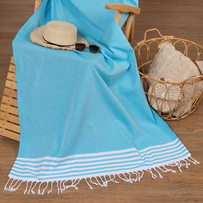 Пештемаль для пляжа, бани, сауны Waffle 100х180 см, голубой Пештемаль для пляжа, бани, сауны Waffle 100х180 см, голубой