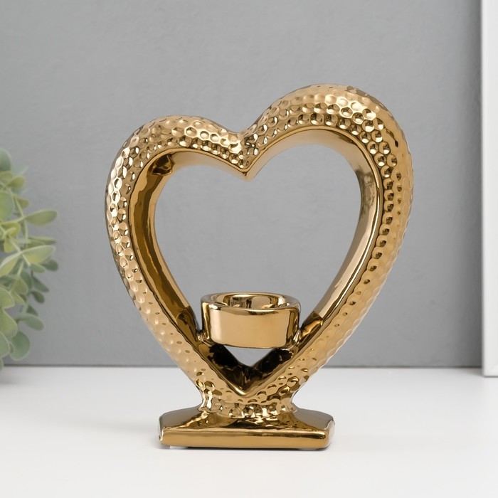 Подсвечник керамика на 1 свечу Подсвечник керамика на 1 свечу "Сердце на подставке" d=4 см золото 17х5,5х19,5 см