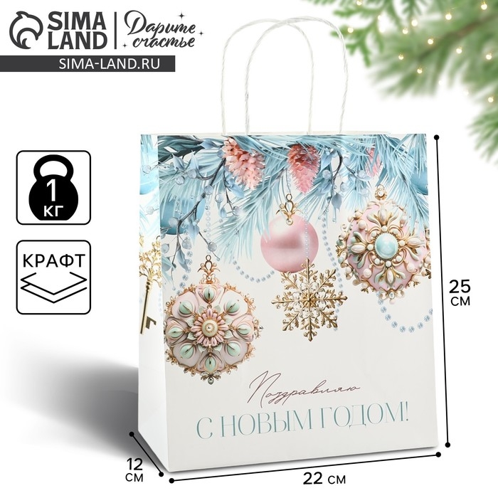 Пакет подарочный новогодний &laquo;Поздравляю с Новым годом&raquo;, белый крафт, 22 х 25 х 12 см , Новый год