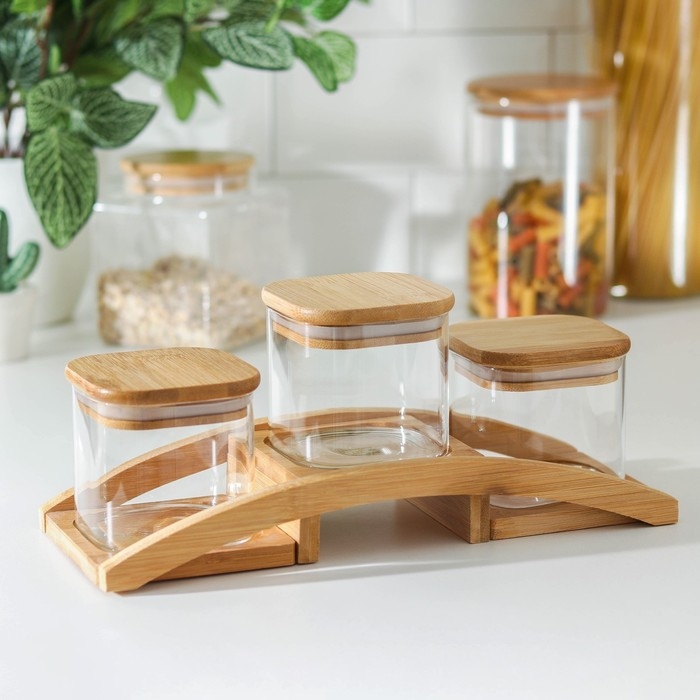 Набор банок для сыпучих продуктов «Эко», на подставке, 3 шт Набор банок для сыпучих продуктов «Эко», на подставке, 3 шт