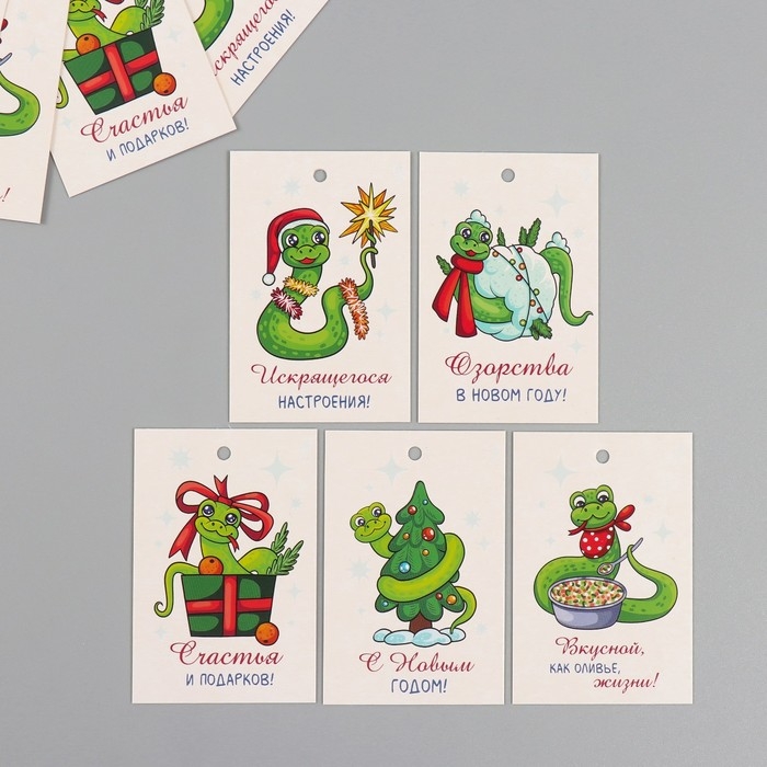 Новогодняя бирка картон "Озорства в Новом году!" Новогодний набор 10 шт (5 видов) 4х6 см