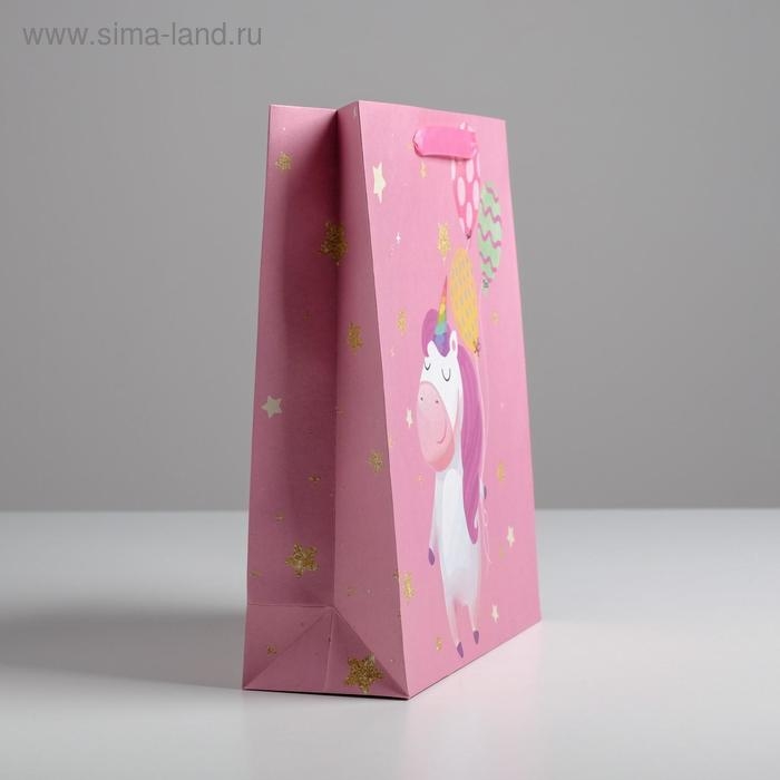 Пакет подарочный крафтовый вертикальный, упаковка, &laquo;Единорожек&raquo;, M 26 х 30 х 9 см