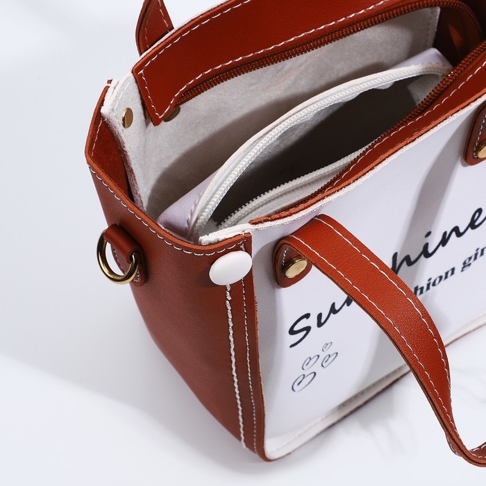 Сумка женская тоут на молнии, цвет белый/коричневый