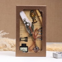 Набор подарочный 5в1 "Стимпанк": перьевая ручка белая, чернила, наконечники, печать, воск