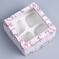 Коробка для капкейков, кондитерская упаковка с окном, 4 ячейки &laquo;Венок&raquo;, 16 х 16 х 10 см