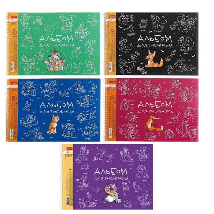 Альбом для рисования А4, 32 листа, на гребне, "Забавные животные", обложка мелованный картон, тиснение, блок 100 г/м&sup2;, МИКС