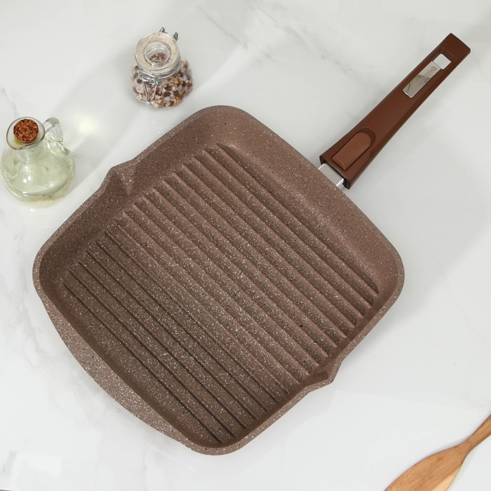 Сковорода-гриль &laquo;Гранит Brown&raquo;, квадратная, 28&times;28 см, съёмная ручка, стеклянная крышка, антипригарное покрытие, цвет коричневый