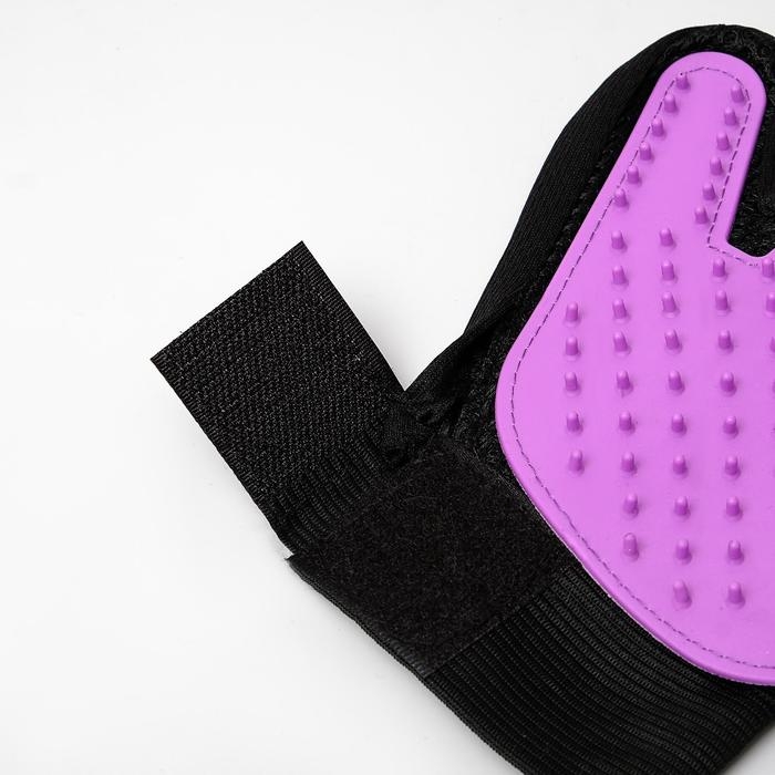 Перчатка-щетка для шерсти на левую руку из неопрена с удлиненными зубчиками, фиолетовая