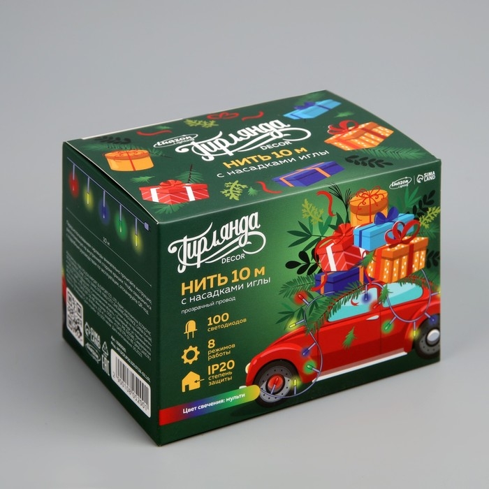 Гирлянда &laquo;Нить&raquo; 10 м с насадками &laquo;Игла&raquo;, IP20, прозрачная нить, 100 LED, свечение мульти, 8 режимов, 220 В