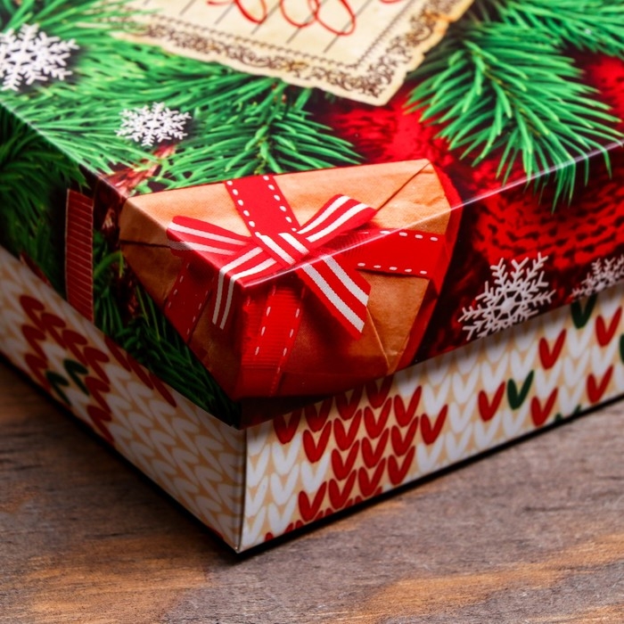 Новый год. Коробка подарочная новогодняя складная, крышка-дно без окна, "Вязанка", 21 х 15 х 5,7 см