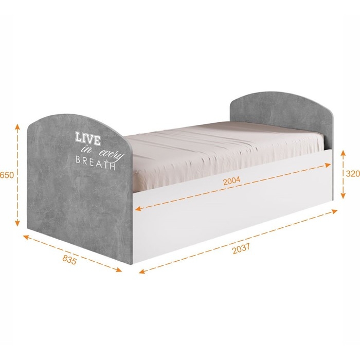 Кровать с/м 800х2000 Юниор 2, 840х2030х650, Белый/Бетон светлый Кровать с/м 800х2000 Юниор 2, 840х2030х650, Белый/Бетон светлый