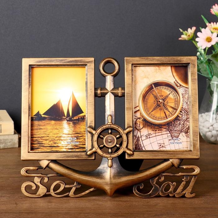 Фоторамка пластик на 2 фото 10х15 см Фоторамка пластик на 2 фото 10х15 см "Якорь" тёмное золото 23х29 см