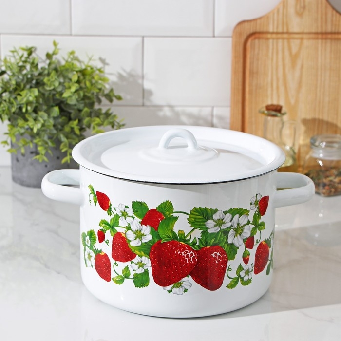 Кастрюля эмалированная цилиндрическая &laquo;Клубничная поляна&raquo;, 4,5 л