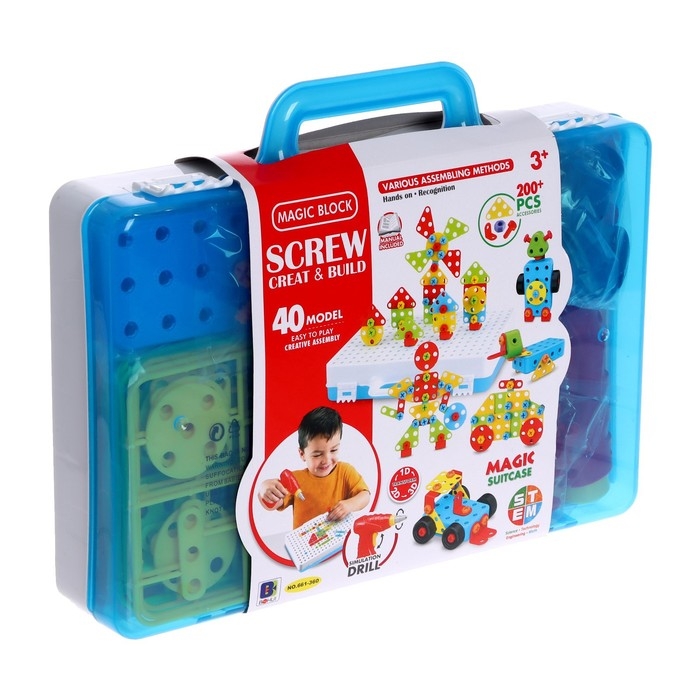 Конструктор в чемодане &laquo;Объёмная мозаика&raquo;, с электрическим шуруповертом, 40 моделей, 200 деталей