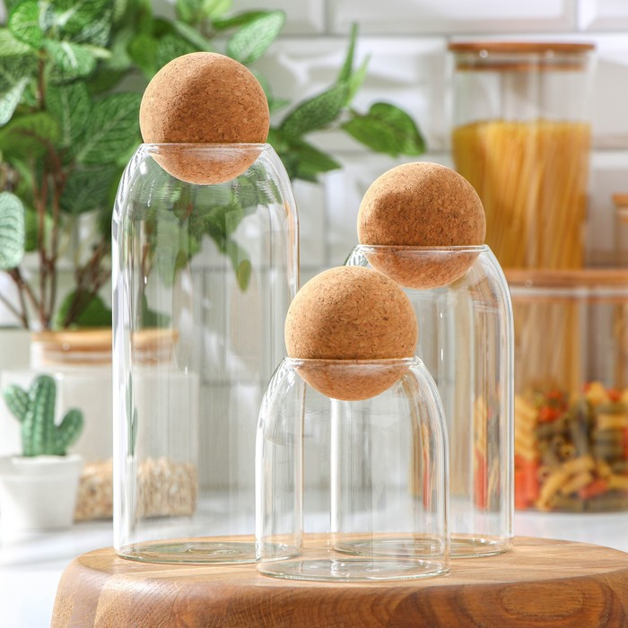 Банки стеклянные для хранения сыпучих продуктов Magistro &laquo;Эко&raquo;, 3 предмета: 450/700/1000 мл, с пробковой крышкой