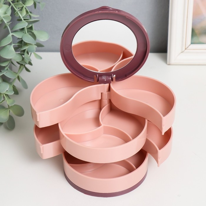 Шкатулка для украшений пластик, зеркало Шкатулка для украшений пластик, зеркало "Круглая. Четыре уровня" розовая 10х10х10 см