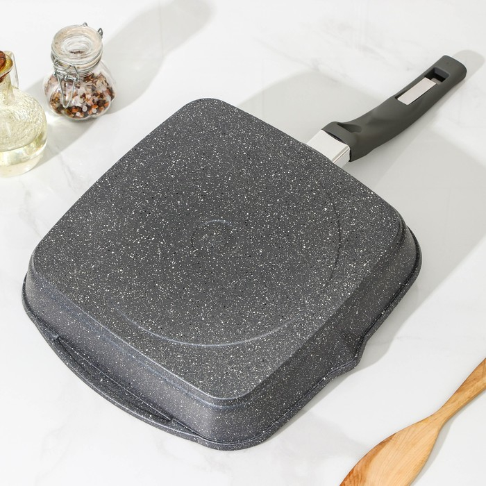 Сковорода-гриль квадратная &laquo;Гранит&raquo;, 26&times;26 см, пластиковая ручка, стеклянная крышка, антипригарное покрытие, цвет серый