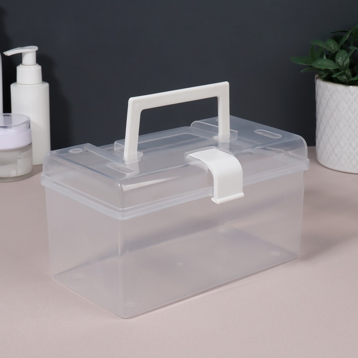 Органайзер для хранения, с крышкой, с ручкой, 19,5 &times; 12 &times; 11 см цвет прозрачный/белый