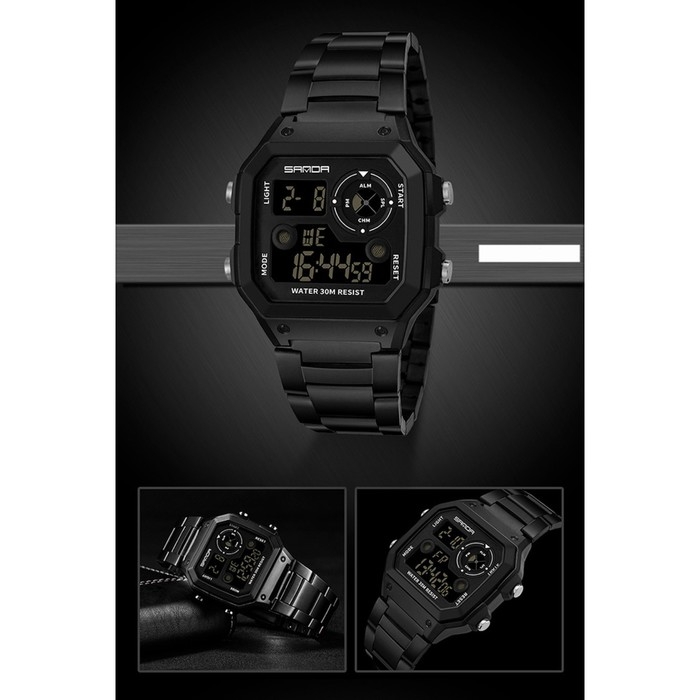 Часы наручные электронные, d-4.4 см, будильник, календарь, ремешок металл, черные Часы наручные электронные, d-4.4 см, будильник, календарь, ремешок металл, черные