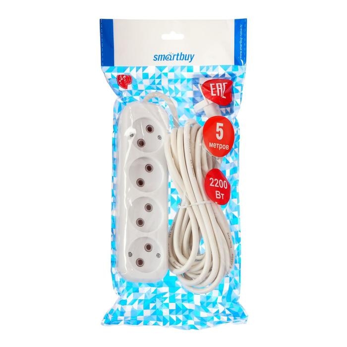 Удлинитель Smartbuy, 4 розетки, 5 м, 10 А, 2200 Вт, ПВС 2х1 мм2, без з/к, белый Удлинитель Smartbuy, 4 розетки, 5 м, 10 А, 2200 Вт, ПВС 2х1 мм2, без з/к, белый