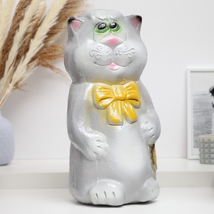 Копилка Копилка "Кот с бантом и рыбкой" серый, 38см