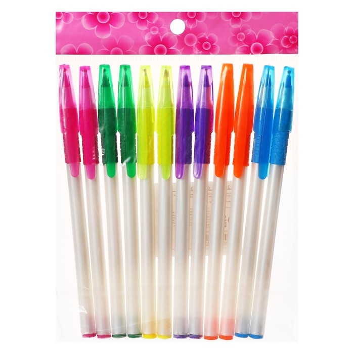 Набор шариковых ручек 12 штук, 0,7мм, корпус белый с резиновым держателем, чернила синие, МИКС Набор шариковых ручек 12 штук, 0,7мм, корпус белый с резиновым держателем, чернила синие, МИКС