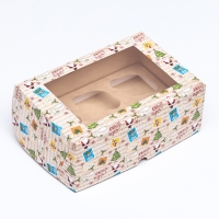 Новый год. Коробка для 6 капкейков с окном подарочная новогодняя упаковка, "Новогодняя почта", 25 х 17 х 10 см.