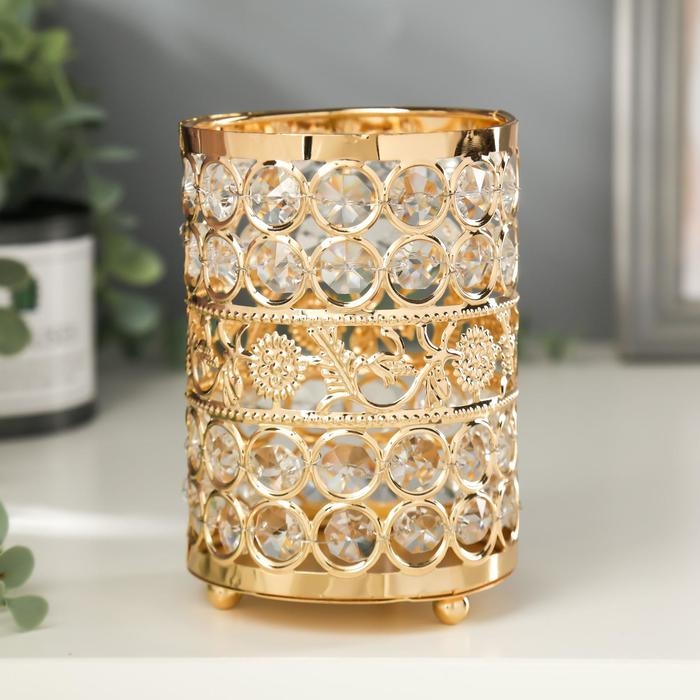 Подсвечник металл, стекло на 1 свечу Подсвечник металл, стекло на 1 свечу "Кристаллы и подсолнухи" золото 13х9х9 см