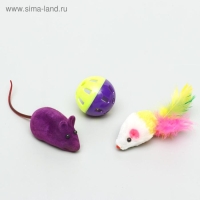 Набор игрушек для кошек: 2 мыши (5 и 6 см) и шарик 3,8 см, микс цветов Набор игрушек для кошек: 2 мыши (5 и 6 см) и шарик 3,8 см, микс цветов