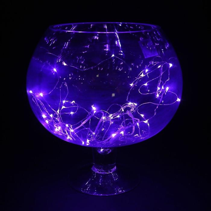 Гирлянда «Нить» 5 м роса, IP20, серебристая нить, 50 LED, батарейки CR2032х2 (в комплекте), свечение фиолетовое Гирлянда «Нить» 5 м роса, IP20, серебристая нить, 50 LED, батарейки CR2032х2 (в комплекте), свечение фиолетовое