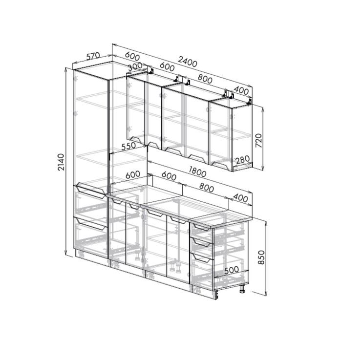 Кухонный гарнитур 2400 Хельга, с пеналом, цельная столешница, МДФ, Грей софт МДФ/Маренго