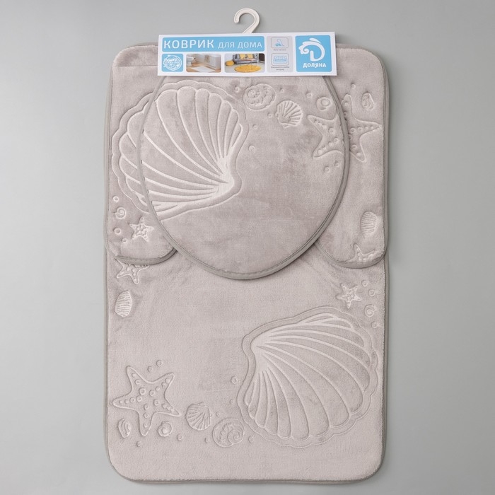 Набор ковриков для ванной и туалета Доляна &laquo;Морское дно&raquo;, 3 шт: 50&times;80, 50&times;40, 38&times;43 см, цвет серый