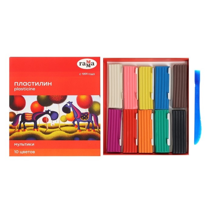 Пластилин 10 цветов 200 г, Гамма Пластилин 10 цветов 200 г, Гамма "Мультики", со стеком, картонная упаковка 280017
