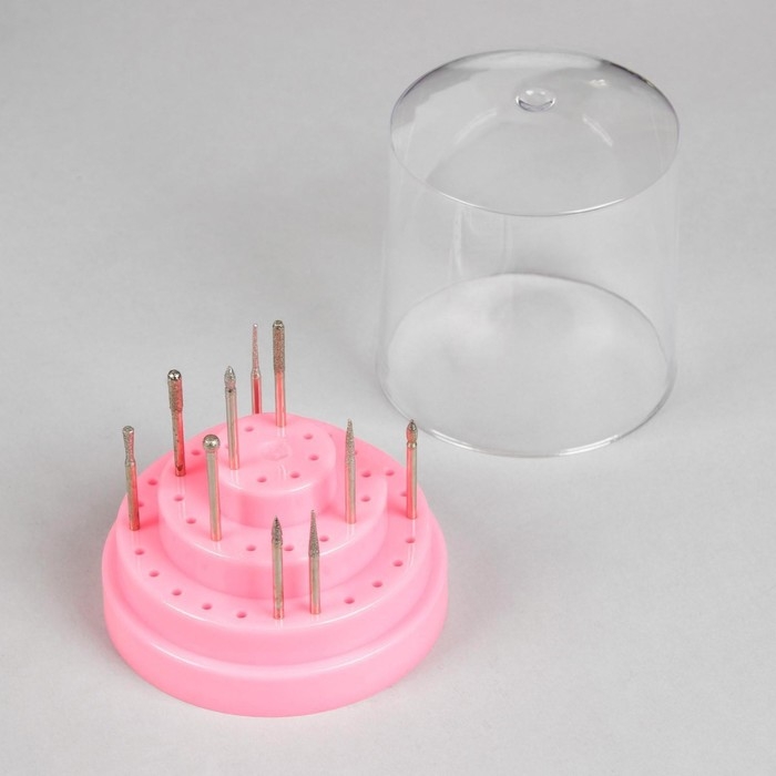 Подставка под фрезы, круглая, 48 отделений, d = 8 &times; 9,5 см, с крышкой, в картонной коробке, цвет розовый