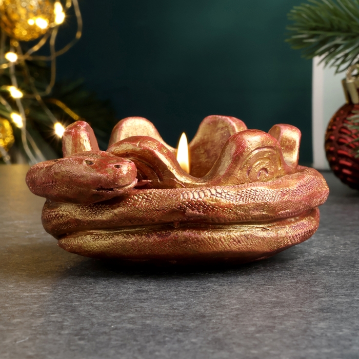 Новый год. Символ 2025. Подсвечник новогодний Новый год. Символ 2025. Подсвечник новогодний "Змея на чаше" бордовый с позолотой, 4х10см