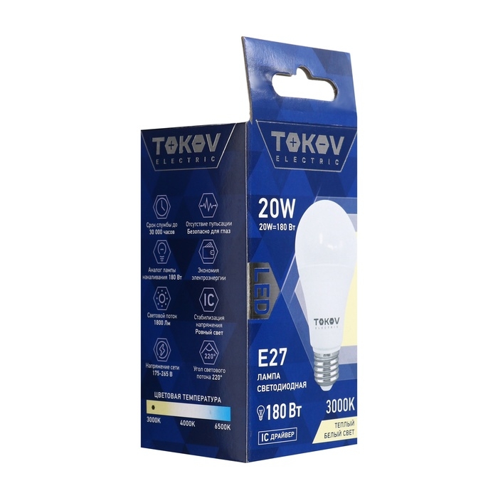 Лампа светодиодная TOKOV ELECTRIC, 20 Вт, А60, 3000 К, Е27, 176-264В