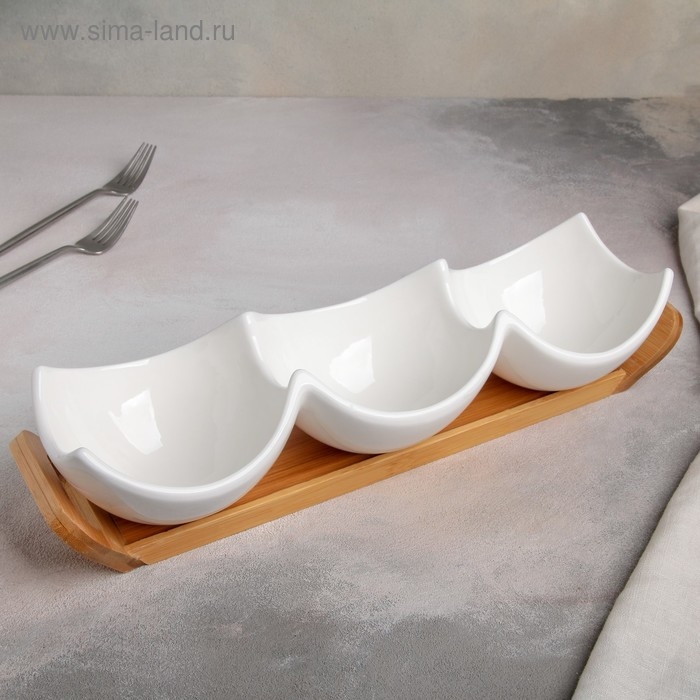 Менажница керамическая 3 ячейки на деревянной подставке &laquo;Эстет&raquo;, 39,8&times;11,4 см, цвет белый