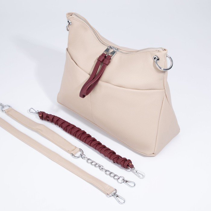 Сумка-мешок, отдел на молнии, 3 наружных кармана, длинный ремень, цвет бежевый/бордовый Сумка-мешок, отдел на молнии, 3 наружных кармана, длинный ремень, цвет бежевый/бордовый