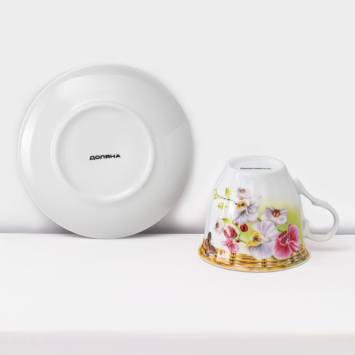Набор чайный керамический на металлической подставке Доляна &laquo;Садовый дворик&raquo;, 13 предметов: 6 чашек 200 мл, 6 блюдец d=14,1 см, чайник 1 л ㅤ