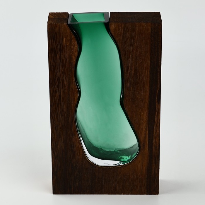 Ваза для цветов &laquo;Органик&raquo; из зеленого стекла с деревянной подставкой 24&times;14,5&times;4 см